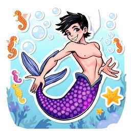 A vibrant and playful sticker illustration featuring a Barbie-inspired thin male mermaid with black short hair