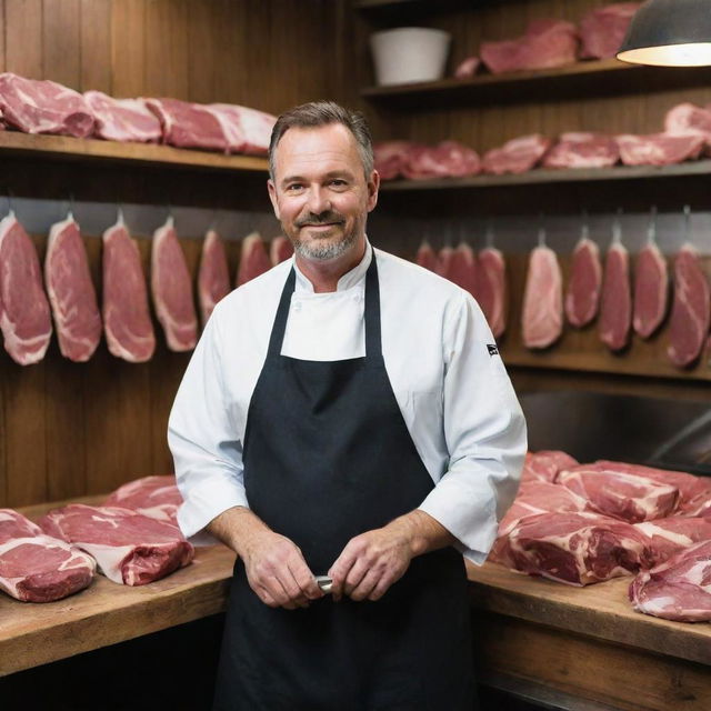 A seasoned butcher in urban attire, working meticulously in a rustic and traditional butcher shop situated in an urban neighborhood.