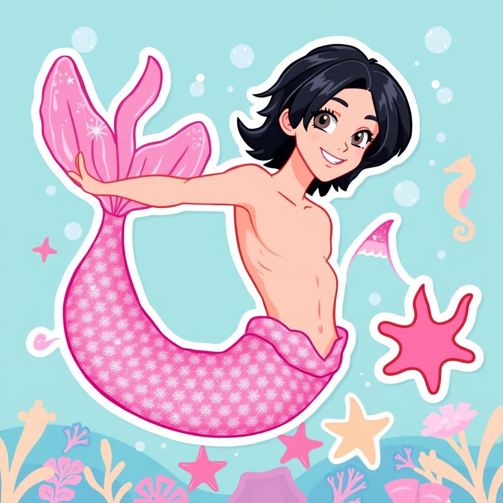 A vibrant and playful sticker illustration featuring a Barbie-inspired thin male mermaid with black short hair