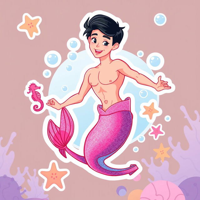 A vibrant and playful sticker illustration featuring a Barbie-inspired thin male mermaid with black short hair