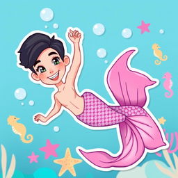 A vibrant and playful sticker illustration featuring a Barbie-inspired thin male mermaid with black short hair