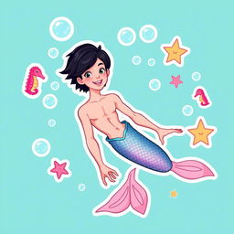 A vibrant and playful sticker illustration featuring a Barbie-inspired thin male mermaid with black short hair