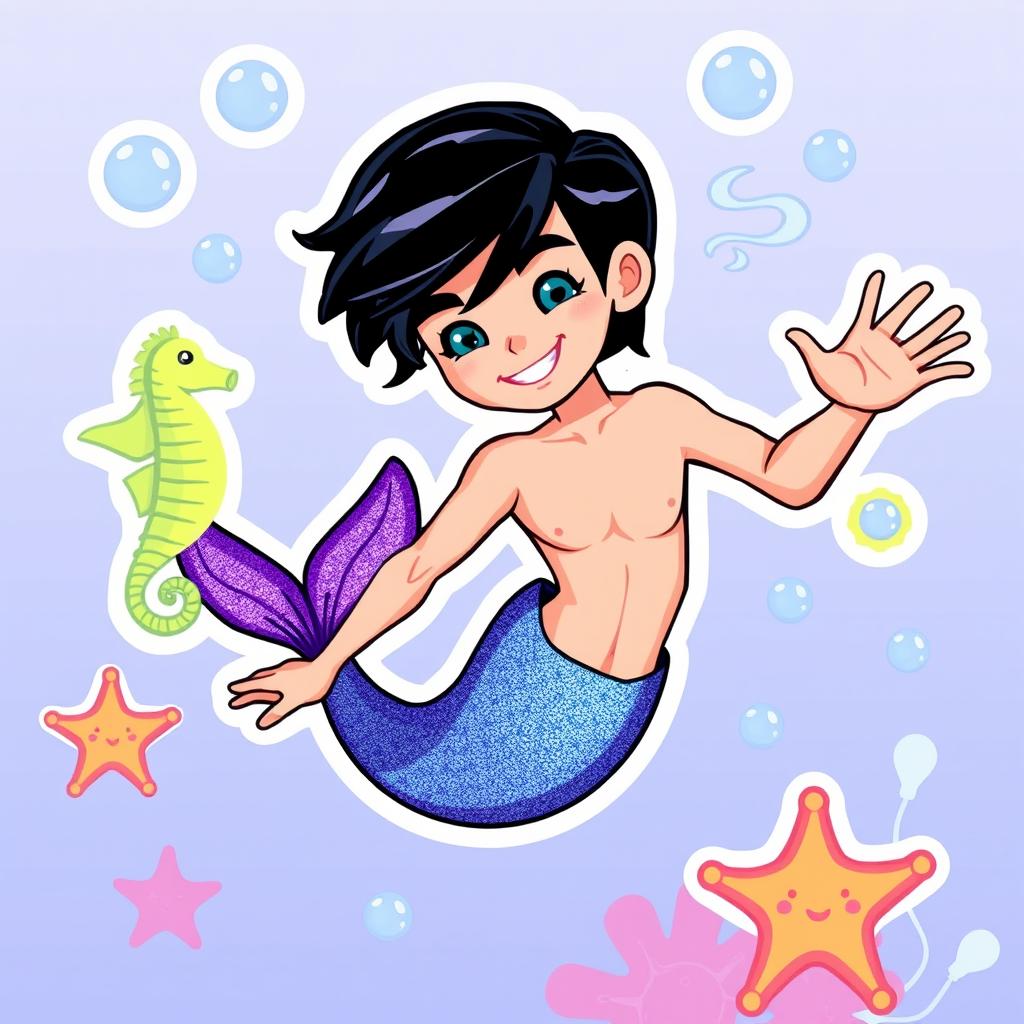 A vibrant and playful sticker illustration featuring a Barbie-inspired thin male mermaid with black short hair