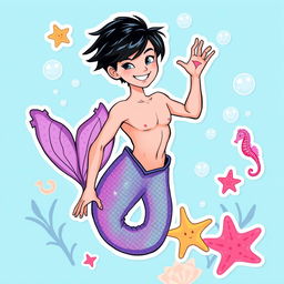 A vibrant and playful sticker illustration featuring a Barbie-inspired thin male mermaid with black short hair