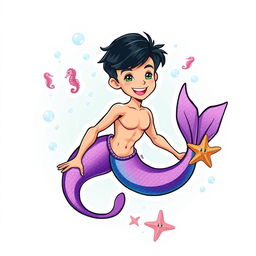 A vibrant and playful sticker illustration featuring a Barbie-inspired thin male mermaid with black short hair