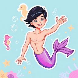 A vibrant and playful sticker illustration featuring a Barbie-inspired thin male mermaid with black short hair