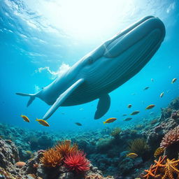 Large, majestic blue whale swimming gracefully in a vibrant coral reef