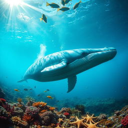 Large, majestic blue whale swimming gracefully in a vibrant coral reef