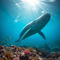 Large, majestic blue whale swimming gracefully in a vibrant coral reef