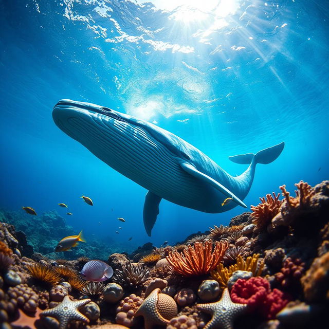 Large, majestic blue whale swimming gracefully in a vibrant coral reef