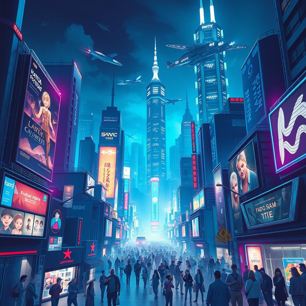 Create a dramatic poster of a futuristic cityscape at night, illuminated with neon lights and towering skyscrapers