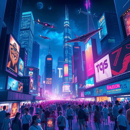 Create a dramatic poster of a futuristic cityscape at night, illuminated with neon lights and towering skyscrapers