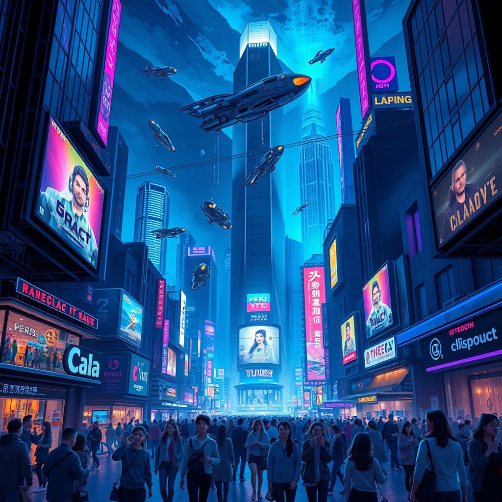 Create a dramatic poster of a futuristic cityscape at night, illuminated with neon lights and towering skyscrapers