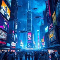 Create a dramatic poster of a futuristic cityscape at night, illuminated with neon lights and towering skyscrapers