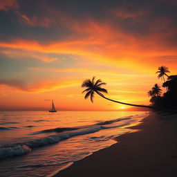 A landscape depicting a serene beach at sunset, with gentle waves lapping at the shore