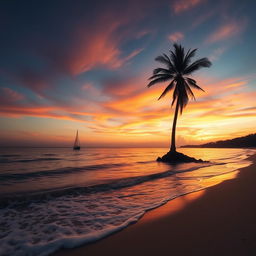 A landscape depicting a serene beach at sunset, with gentle waves lapping at the shore