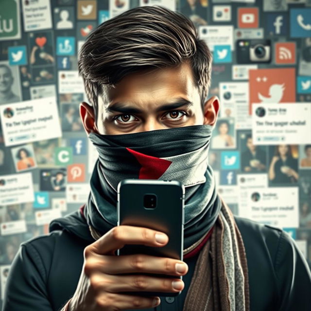 Create a thrilling poster of a young man holding a mobile phone, with his mouth and nose covered by a Palestinian scarf