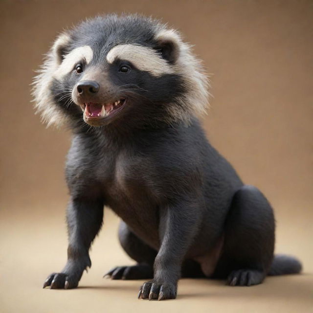 A breathtaking 3D model of a fusion creature which is half dog and half Honey Badger. One half portrays the friendly attributes of a dog, while the other half reveals the intense features of a Honey Badger.