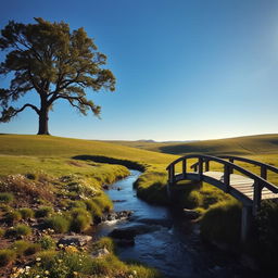 A serene countryside landscape with rolling hills under a clear blue sky