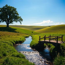 A serene countryside landscape with rolling hills under a clear blue sky