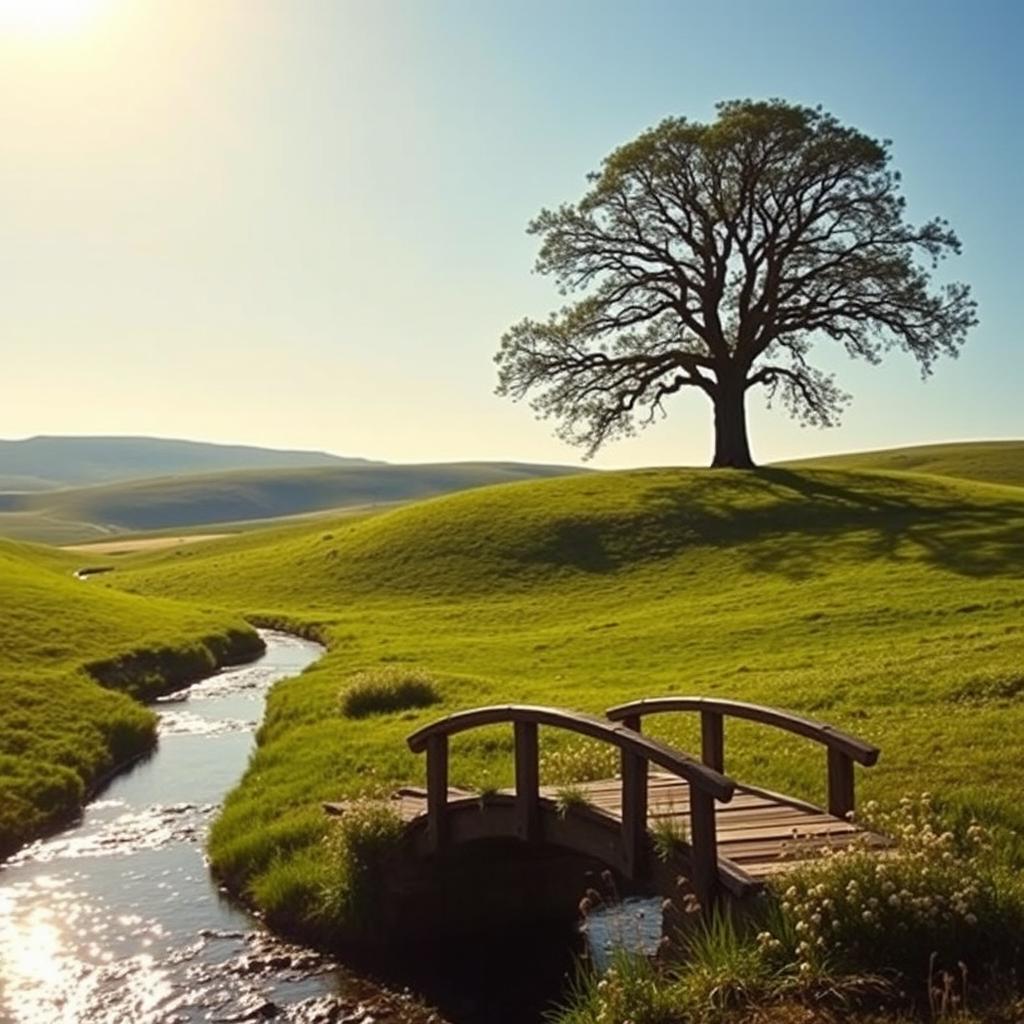 A serene countryside landscape with rolling hills under a clear blue sky