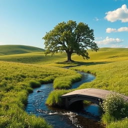 A serene countryside landscape with rolling hills under a clear blue sky