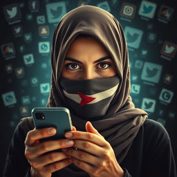 Create a thrilling poster of a young hijabi woman holding a mobile phone, her mouth and nose covered with a Palestinian scarf, looking directly ahead