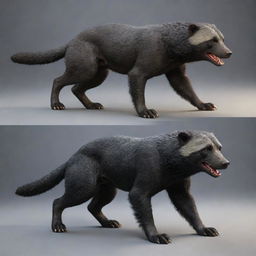 A breathtaking 3D model of a fusion creature which is half dog and half Honey Badger. One half portrays the friendly attributes of a dog, while the other half reveals the intense features of a Honey Badger.