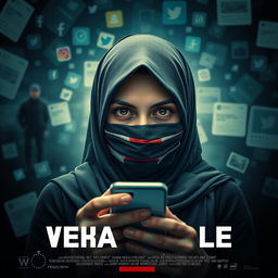 Create a thrilling poster of a young hijabi woman holding a mobile phone, her mouth and nose covered with a Palestinian scarf, looking directly ahead