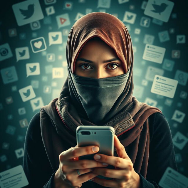 Create a thrilling poster of a young hijabi woman holding a mobile phone, her mouth and nose covered with a Palestinian scarf, looking directly ahead