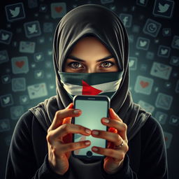 Create a thrilling poster of a young hijabi woman holding a mobile phone, her mouth and nose covered with a Palestinian scarf, looking directly ahead