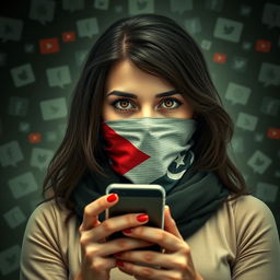 Create a thrilling poster of a young woman holding a mobile phone, her mouth and nose covered with a Palestinian scarf, looking directly ahead