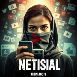 Create a thrilling poster of a young woman holding a mobile phone, her mouth and nose covered with a Palestinian scarf, looking directly ahead