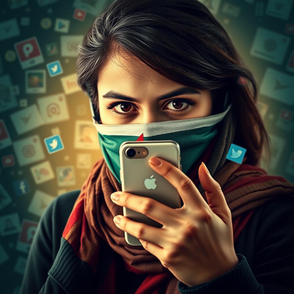 Create a thrilling poster of a young woman holding a mobile phone, her mouth and nose covered with a Palestinian scarf, looking directly ahead