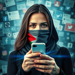 Create a thrilling poster of a young woman holding a mobile phone, her mouth and nose covered with a Palestinian scarf, looking directly ahead