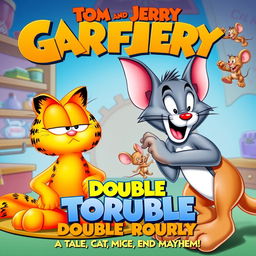 A lively and humorous movie poster featuring Garfield and Tom and Jerry in a delightful comic scene