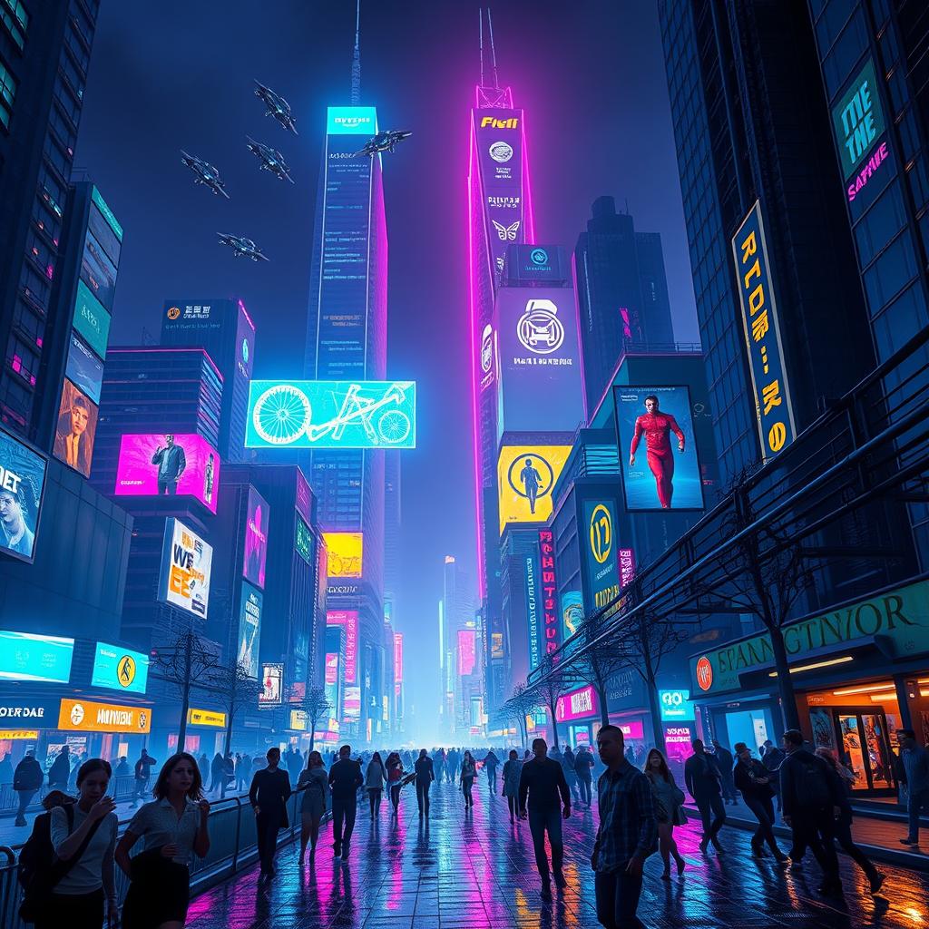 A futuristic cityscape with neon-lit skyscrapers dominating the skyline