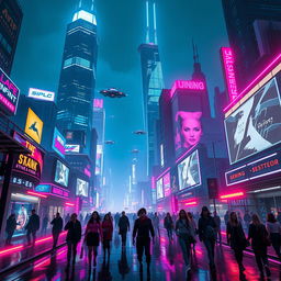 A futuristic cityscape with neon-lit skyscrapers dominating the skyline
