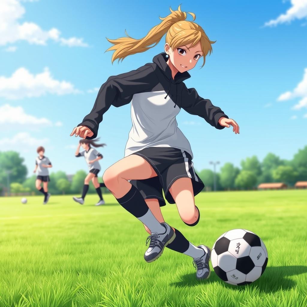 Maki Zenin from "Jujutsu Kaisen" energetically playing football on a lush green field