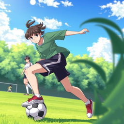 Maki Zenin from "Jujutsu Kaisen" energetically playing football on a lush green field