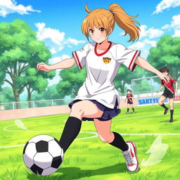 Maki Zenin from "Jujutsu Kaisen" energetically playing football on a lush green field