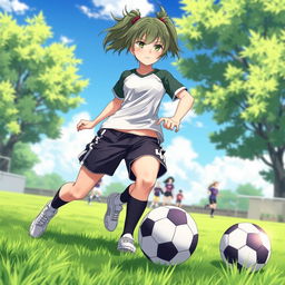 Maki Zenin from "Jujutsu Kaisen" energetically playing football on a lush green field