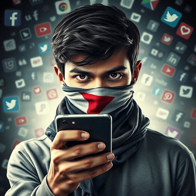 Create a thrilling poster featuring a young man holding a mobile phone, with his mouth and nose covered by a Palestinian scarf