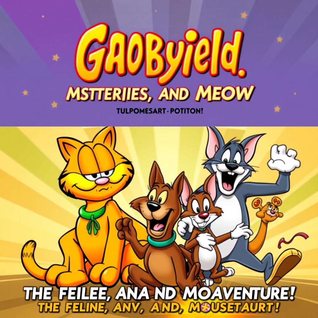 An engaging and vibrant episode title card and movie poster featuring the iconic characters Garfield, Scooby-Doo, and Tom and Jerry