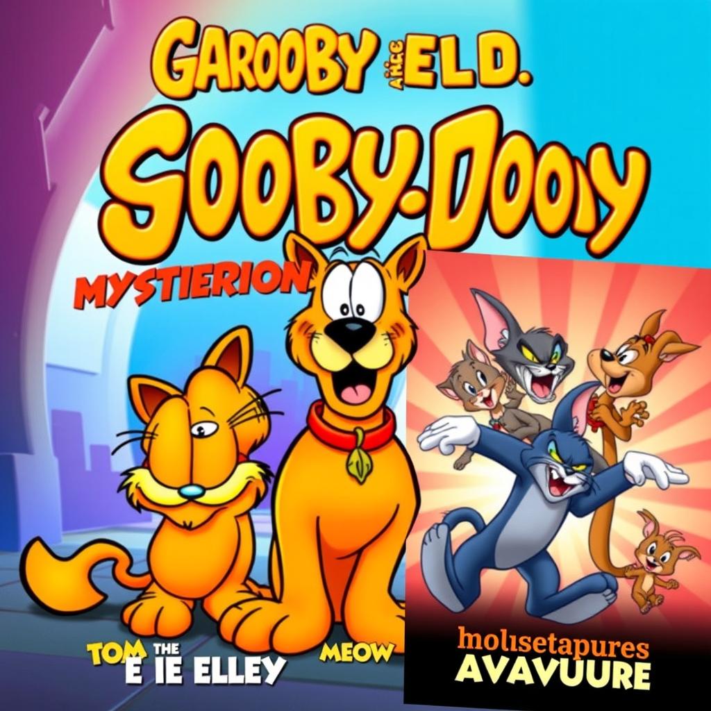 An engaging and vibrant episode title card and movie poster featuring the iconic characters Garfield, Scooby-Doo, and Tom and Jerry