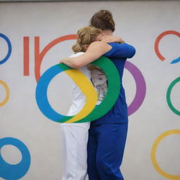 An image of quality manufacturing equipment, Healthcare signs, and olympics symbols intertwined in a tight, supportive hug, symbolizing unity and collaboration.