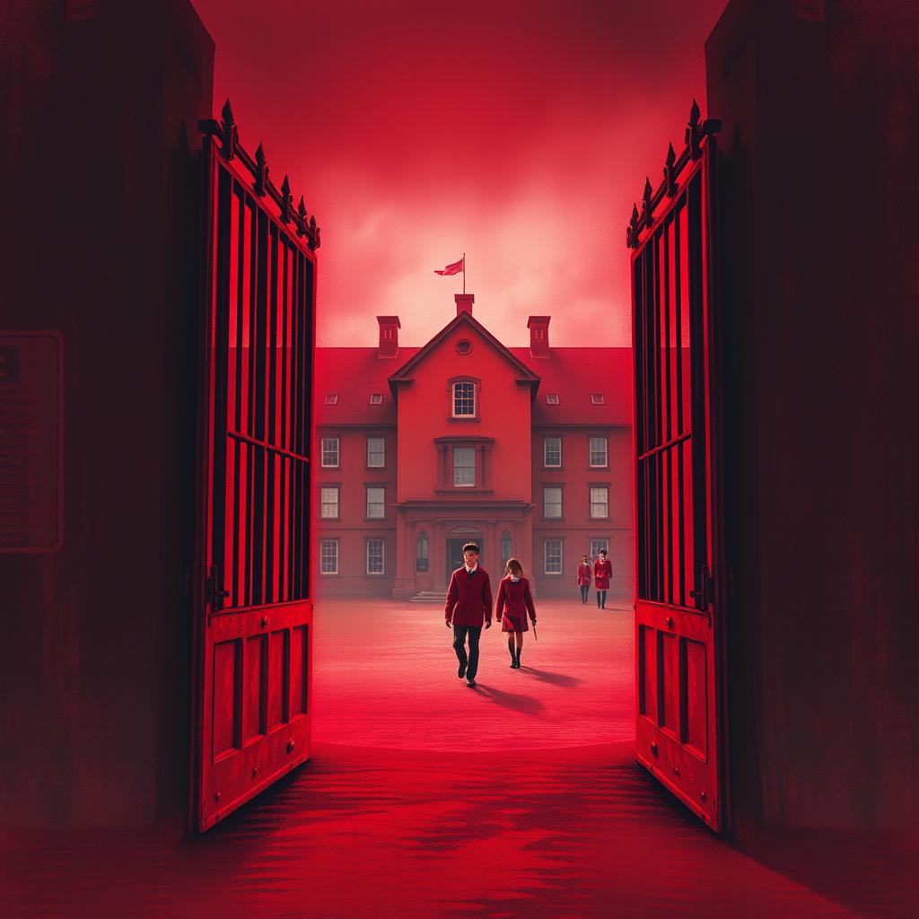 Background design for a book cover featuring a slightly ominous red-colored boarding school