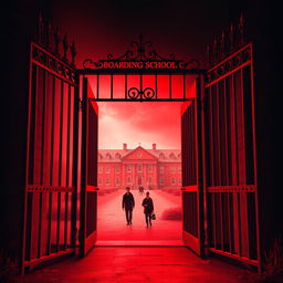 Background design for a book cover featuring a slightly ominous red-colored boarding school