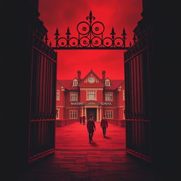 Background design for a book cover featuring a slightly ominous red-colored boarding school