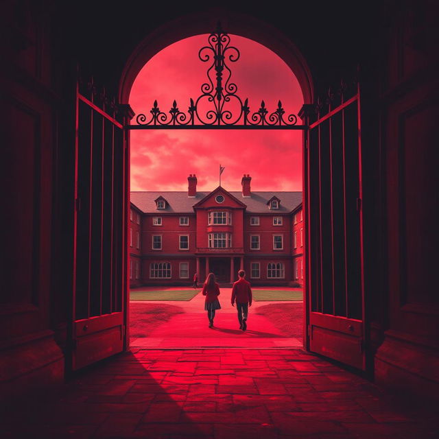 Background design for a book cover featuring a slightly ominous red-colored boarding school